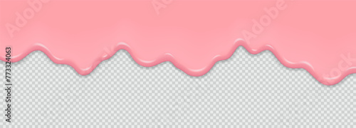Texture liquid pink sweet caramel or gum on a transparent background. Dripping glossy pink slime. Border of flowing sticky liquid. 3D vector illustration