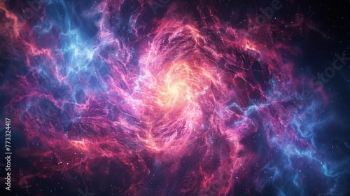 A colorful galaxy with a bright red and blue swirl. The swirl is surrounded by a blue and purple background