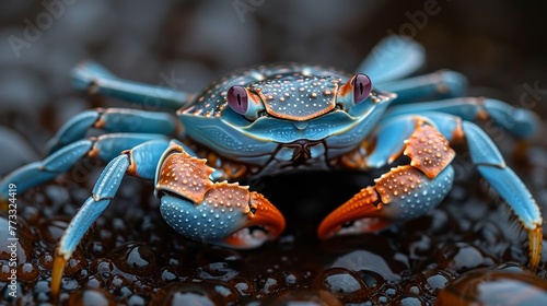   A tight shot of a blue crab on the ground, droplets of water clinging to its facial features and legs