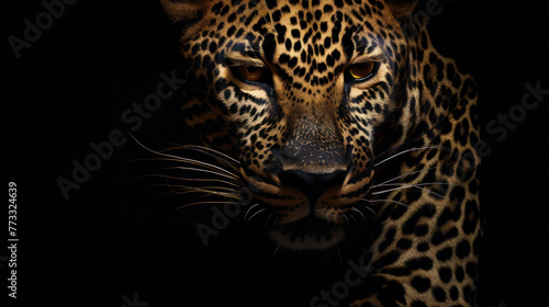 A stunning leopard standing against a sleek black background  with ample copy space for text or additional elements.