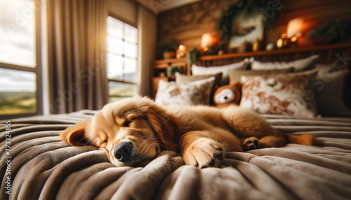A Golden Retriever Puppy Sleeping in Bed