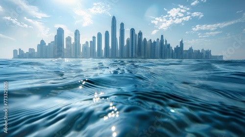 A city skyline is reflected in the water. The water is calm and the sky is clear. The city is in the background and the water is the main focus of the image