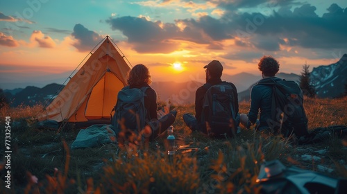 Millennials unwind at twilight, camping together, enjoying a picnic under the stars