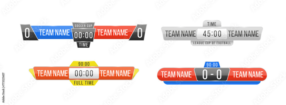 Scoreboard broadcast graphic and lower thirds template for sport soccer, football. Broadcast score banner. Sport scoreboard with time and result display. Vector illustration Scoreboard broadcast graphic and lower thirds template for sport soccer, football. Broadcast score banner. Sport scoreboard with time and result display. Vector illustration