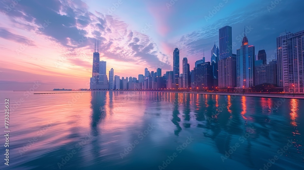 A city skyline is reflected in the water. The sky is a mix of pink and blue. The city is lit up at night