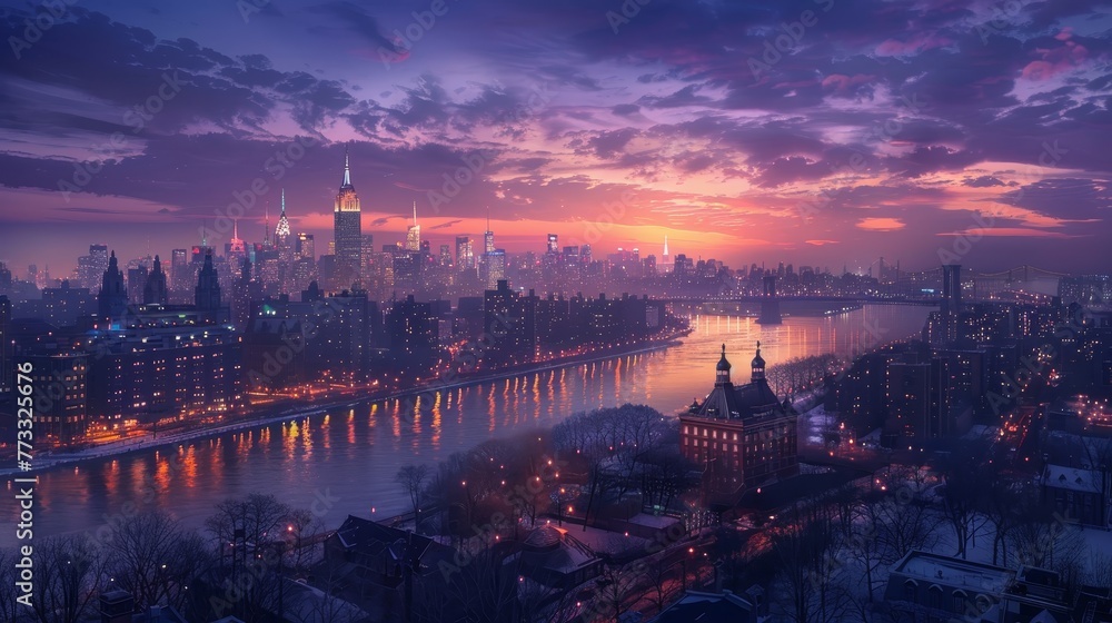 A city skyline with a river running through it. The sky is a mix of purple and blue