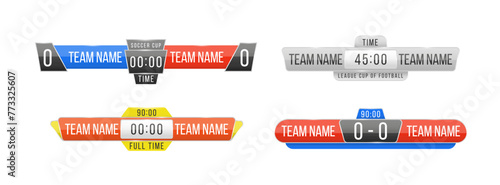 Scoreboard broadcast graphic and lower thirds template for sport soccer, football. Broadcast score banner. Sport scoreboard with time and result display. Vector illustration