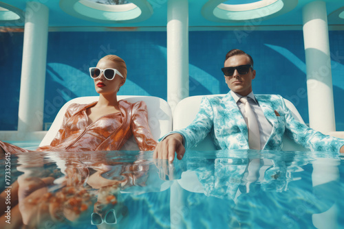 Stylish couple in sunglasses and fashion clothes sitting in deck chairs near the swimming pool. Luxury style