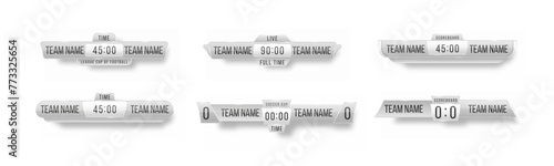Scoreboard broadcast graphic and lower thirds template for sport soccer, football. Broadcast score banner. Sport scoreboard with time and result display. Vector illustration