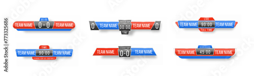 Scoreboard broadcast graphic and lower thirds template for sport soccer, football. Broadcast score banner. Sport scoreboard with time and result display. Vector illustration