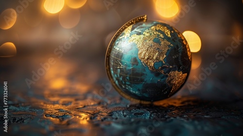 A globe is sitting on a table with a blurry background. The globe is blue and gold, and it is a decorative item. The blurry background suggests that the focus is on the globe