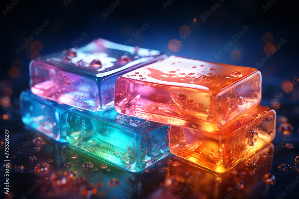3d render of colorful glass cube on blue background with bokeh 3d render of colorful glass cube on blue background with bokeh