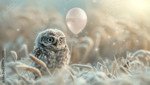 An adorable baby owl grips a single balloon, gently floating. Captured in a pastel landscape, perfectly positioned by the rule of thirds, its eyes gleam with joy and curiosity. photo