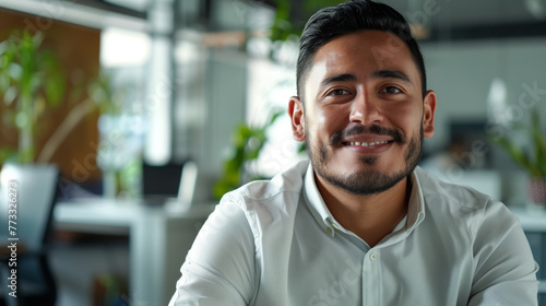 Portrait of smiling businessman looking at camera while sitting at desk in office