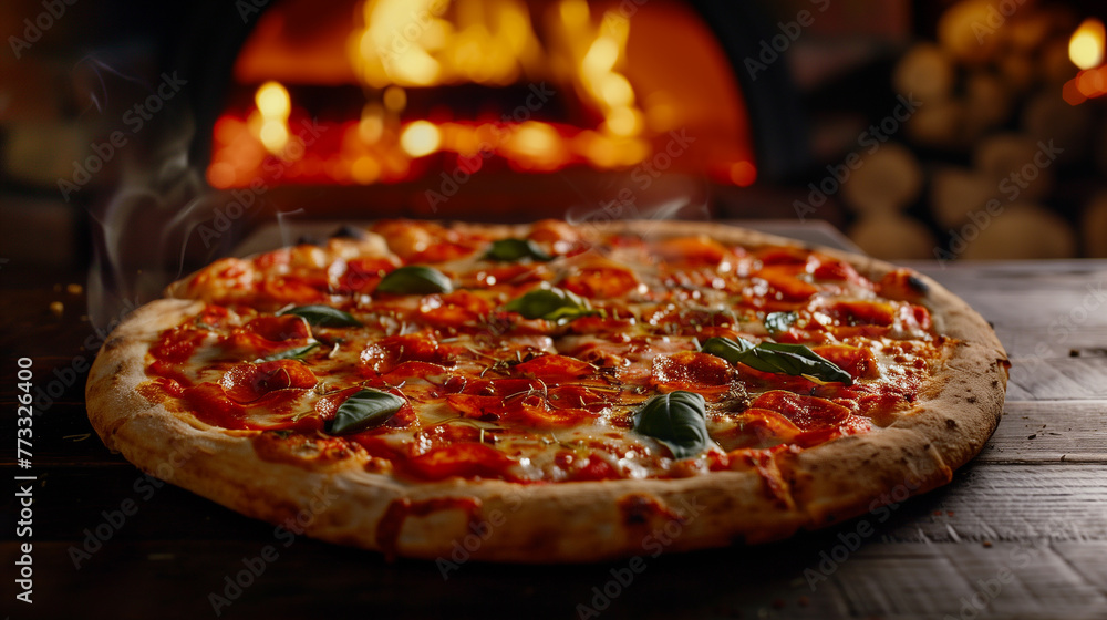 Pizza with mozzarella, tomatoes and basil on a wooden table