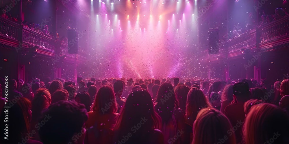 Vibrant Scene: Crowded Nightclub with People Dancing in Shiny Clothes under Purple Lights and Confetti. Concept Nightlife, Dancing, Purple Lights, Confetti, Shiny Clothes