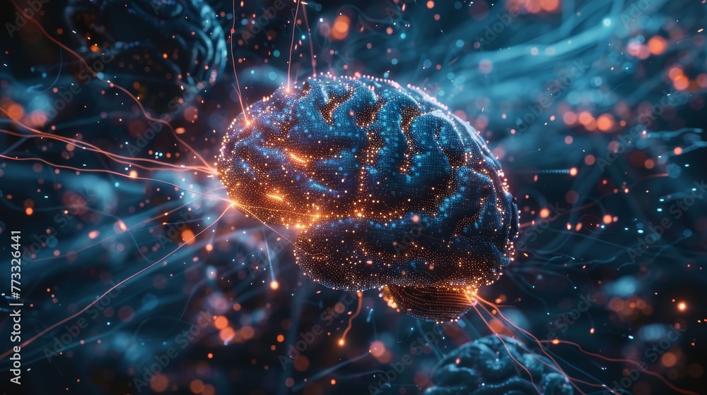 A brain with a lot of glowing lights surrounding it - obrazy, fototapety, plakaty 