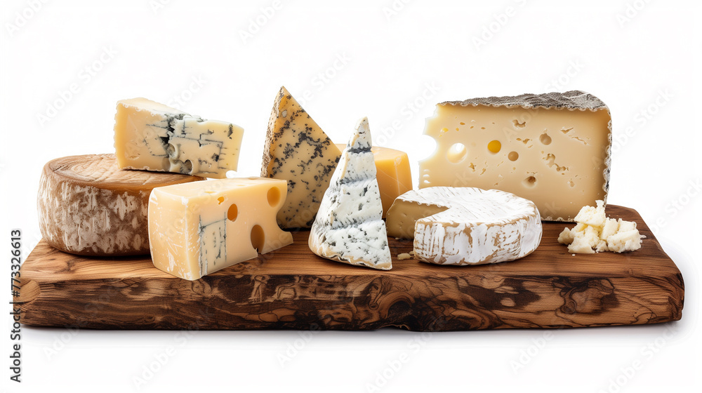 Various types of cheese on a wooden board isolated on white background.
