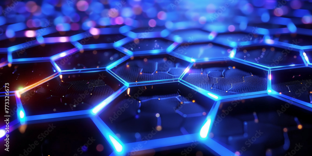 A closeup of carbon hexagons glowing blue, abstract futuristic background with dark blue glowing neon honeycomb, banner A closeup of carbon hexagons glowing blue, abstract futuristic background with dark blue glowing neon honeycomb, banner