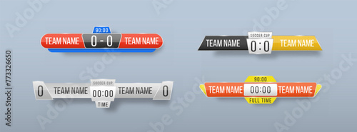 Scoreboard broadcast graphic and lower thirds template for sport soccer, football. Broadcast score banner. Sport scoreboard with time and result display. Vector illustration