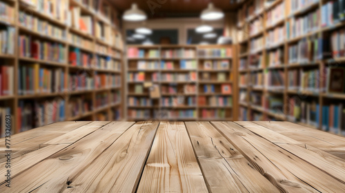 Empty wooden table and blurred bookshelf background. For product display
