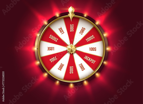 Red fortune wheel at backlight color realistic vector illustration. Gambling game chances. Casino roulette 3d object on rouge background