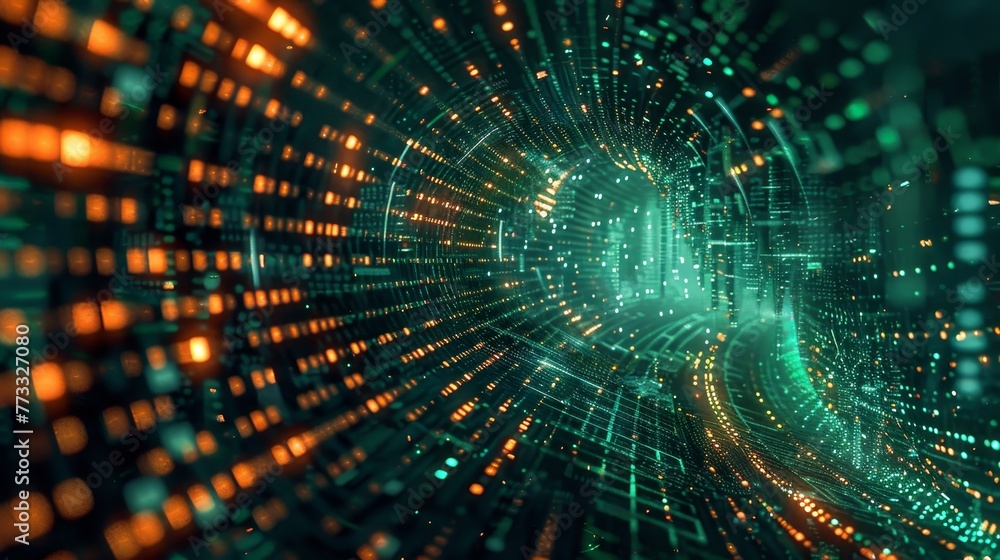 A green and orange tunnel with many dots. The tunnel is very long and has a lot of dots A green and orange tunnel with many dots. The tunnel is very long and has a lot of dots