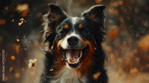 Happy Australian Shepherd dog playing with autumn leaves in the forest. Close-up portrait.