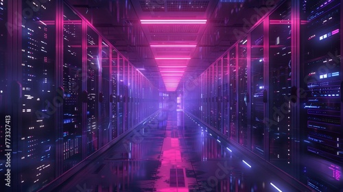 A long hallway with neon lights and a pink hue