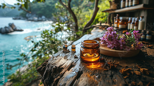 kin care products on the wooden table with flowers. photo