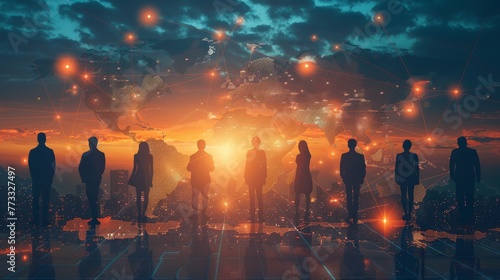 A group of people are standing in front of a globe, with the globe being surrounded by a network of lines. The people are silhouetted against the background