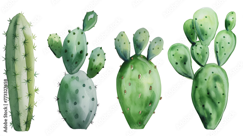 Simple watercolor of prickly pear cactus isolated on white background Simple watercolor of prickly pear cactus isolated on white background