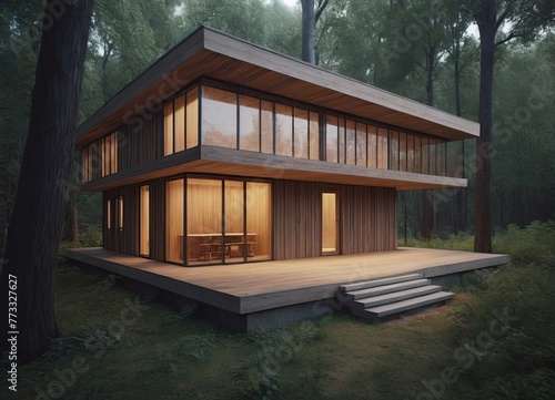 Holiday apartment - wooden cottage in forest in early spring with green grass on back yard and forest in background