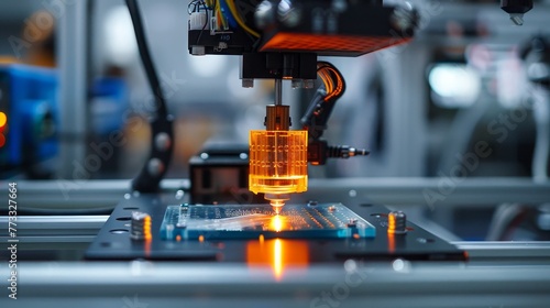 A machine is creating a small object out of plastic. The object is orange and is being formed by a laser
