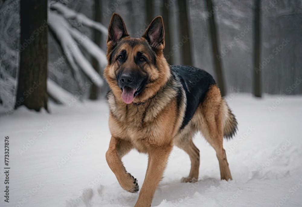 puppy breed German Shepherd walking in winter park puppy breed German Shepherd walking in winter park