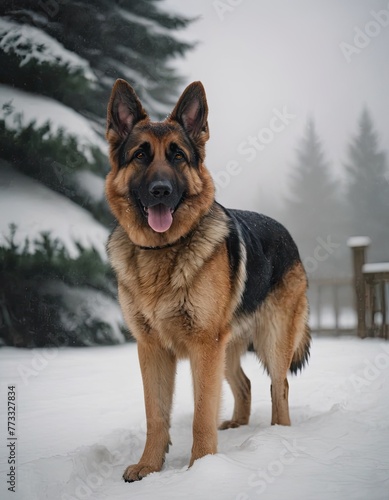 puppy breed German Shepherd walking in winter park