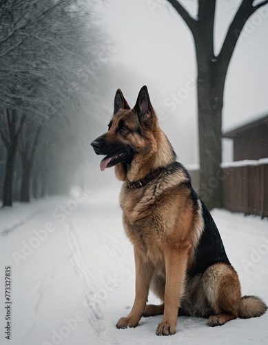 puppy breed German Shepherd walking in winter park