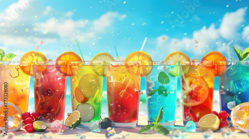 Iced tea summer refreshment, a sunny beach scene 