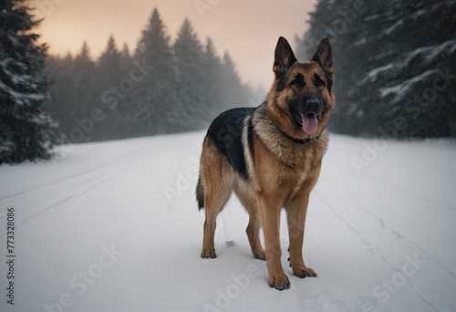 puppy breed German Shepherd walking in winter park