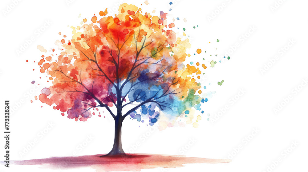 Simple watercolor of colorful tree isolated on white background