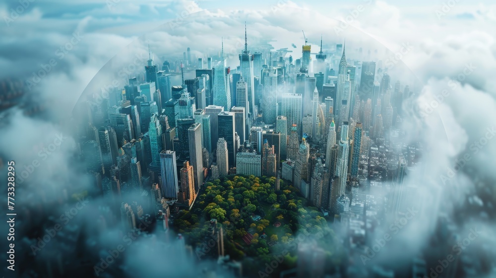 A city is shown in a bubble with a cloudy sky. The city is surrounded ...