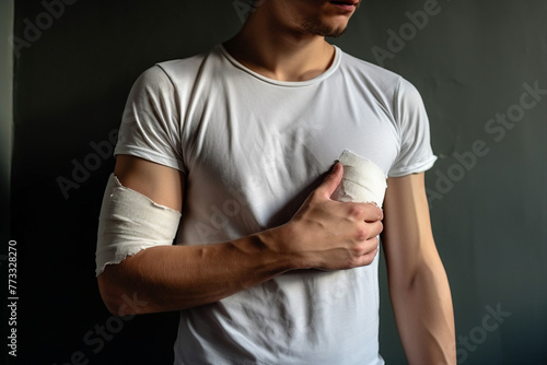Generated AI image of unhealthy young person with gypsum bandage on broken hand rehabilitation period