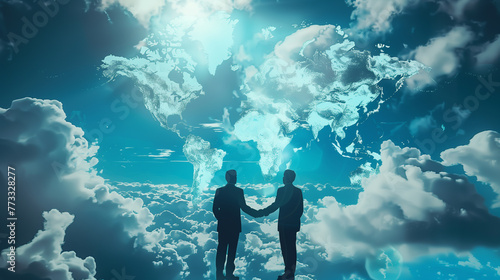Business people shaking hands with each other against blue sky with white clouds