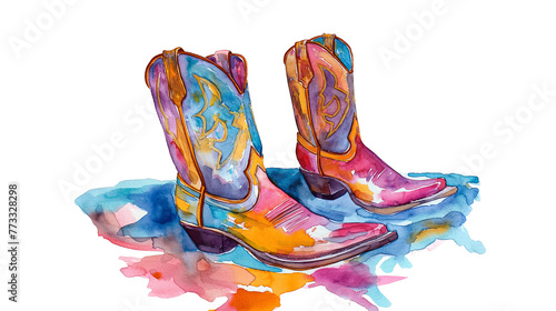Simple watercolor of colorful western boots isolated on white background