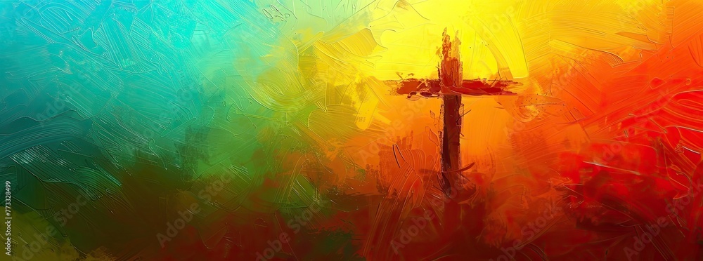 The cross of Jesus Christ on a colorful futuristic watercolor background. Illustration - obrazy, fototapety, plakaty 