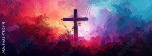 The cross of Jesus Christ on a colorful futuristic watercolor background. Illustration