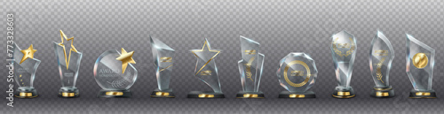 Glass award trophies with golden decor realistic vector illustration set. Victory achievement 3d models on transparent background collection