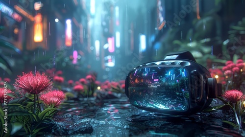 A virtual reality headset is sitting in a field of red flowers. The scene is set in a city with neon lights and tall buildings photo