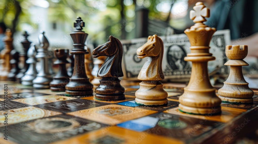 A chess board with a white king and a black horse. The king is on the left side of the board and the horse is on the right side A chess board with a white king and a black horse. The king is on the left side of the board and the horse is on the right side