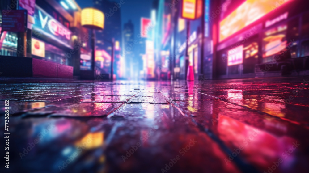 A futuristic neon city, blurred to create a mesmerizing backdrop, with beautiful bokeh lights illuminating the background.
